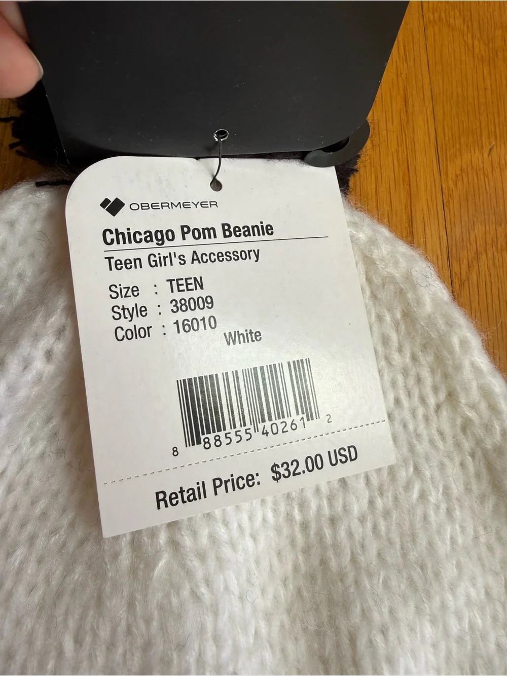 Obermeyer Kids White Beanie with Black Pom & Trim